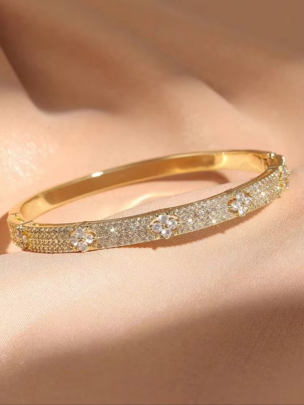 Gold Plated Pave Crystal Floral & Bar Bracelet 4 Piece Set - Women Jewelry - Picture 3 of 6